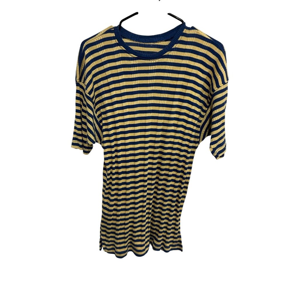Womens Yellow Blue Striped Ribbed Short Sleeve T-Shirt Collegiate Minimalist